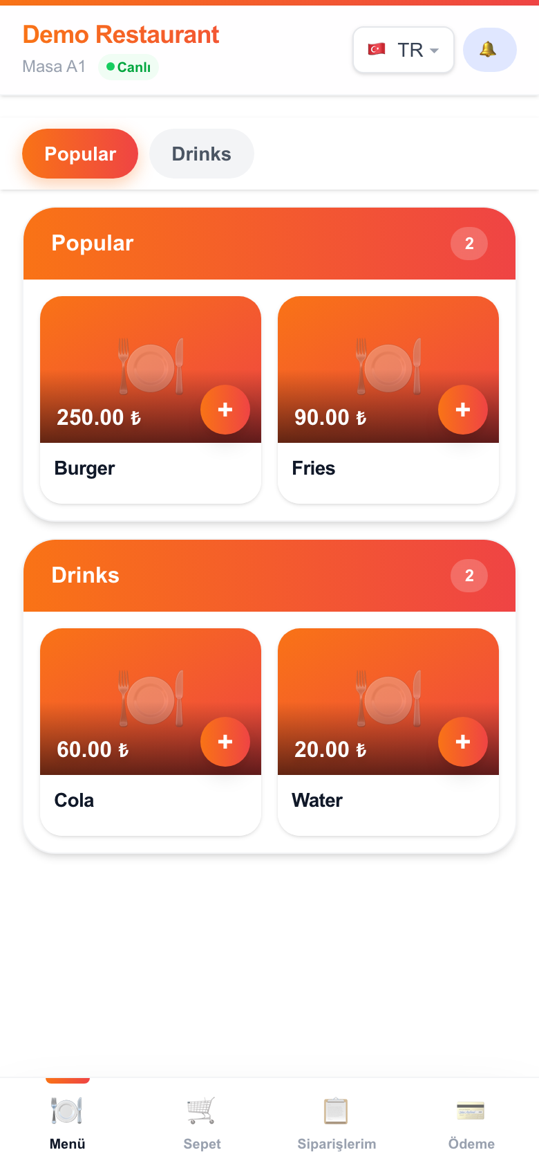 Tabngo QR menü — müşteri görünümü